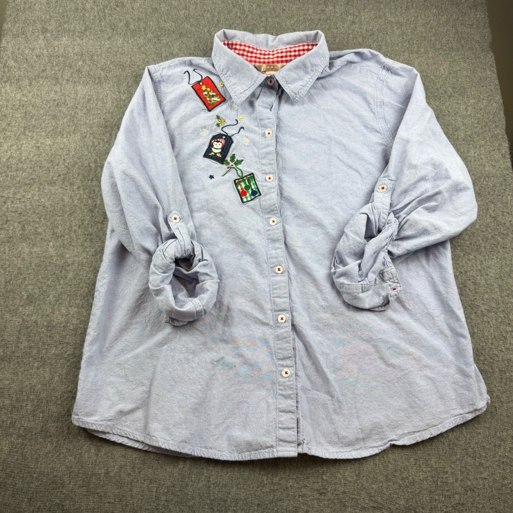 White Stag Button Down Shirt Womens XL Blue Christmas Embroidered Roll Sleeve